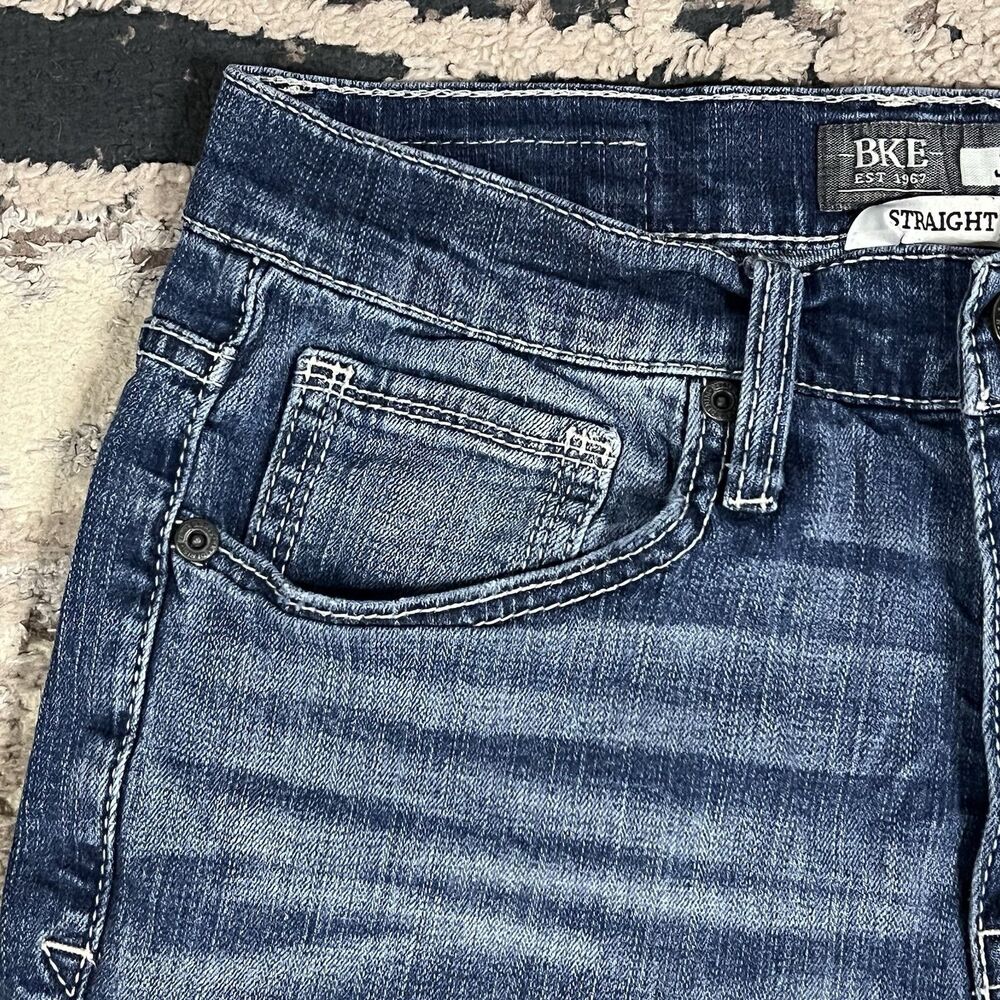 BKE Jake Straight Leg Jeans Mens 32Lx33 Blue Whiskered Stretch Denim Buckle - Picture 3 of 12